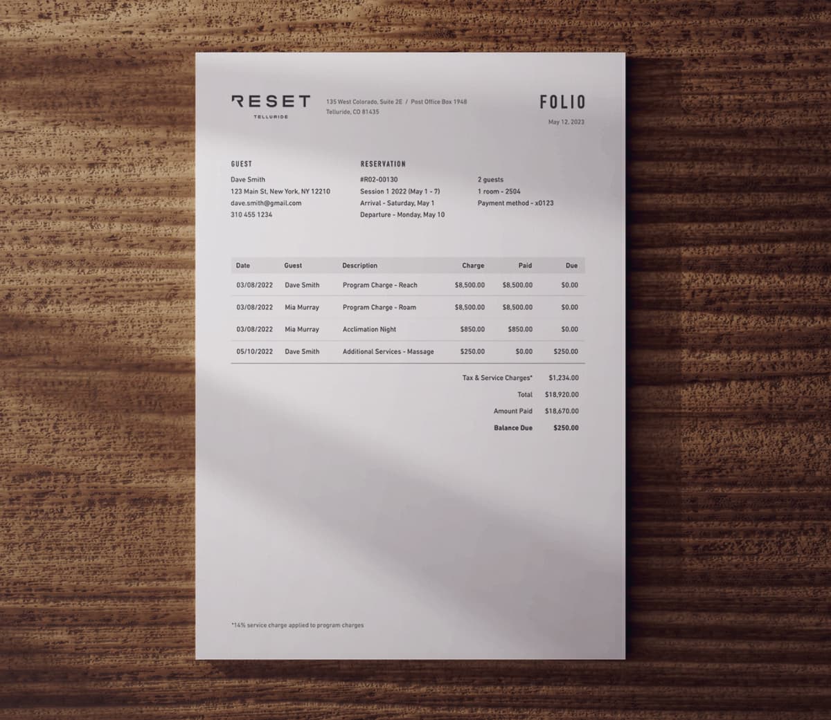 RESET custom folio export from the property management system showing a sample folio export for a reservation