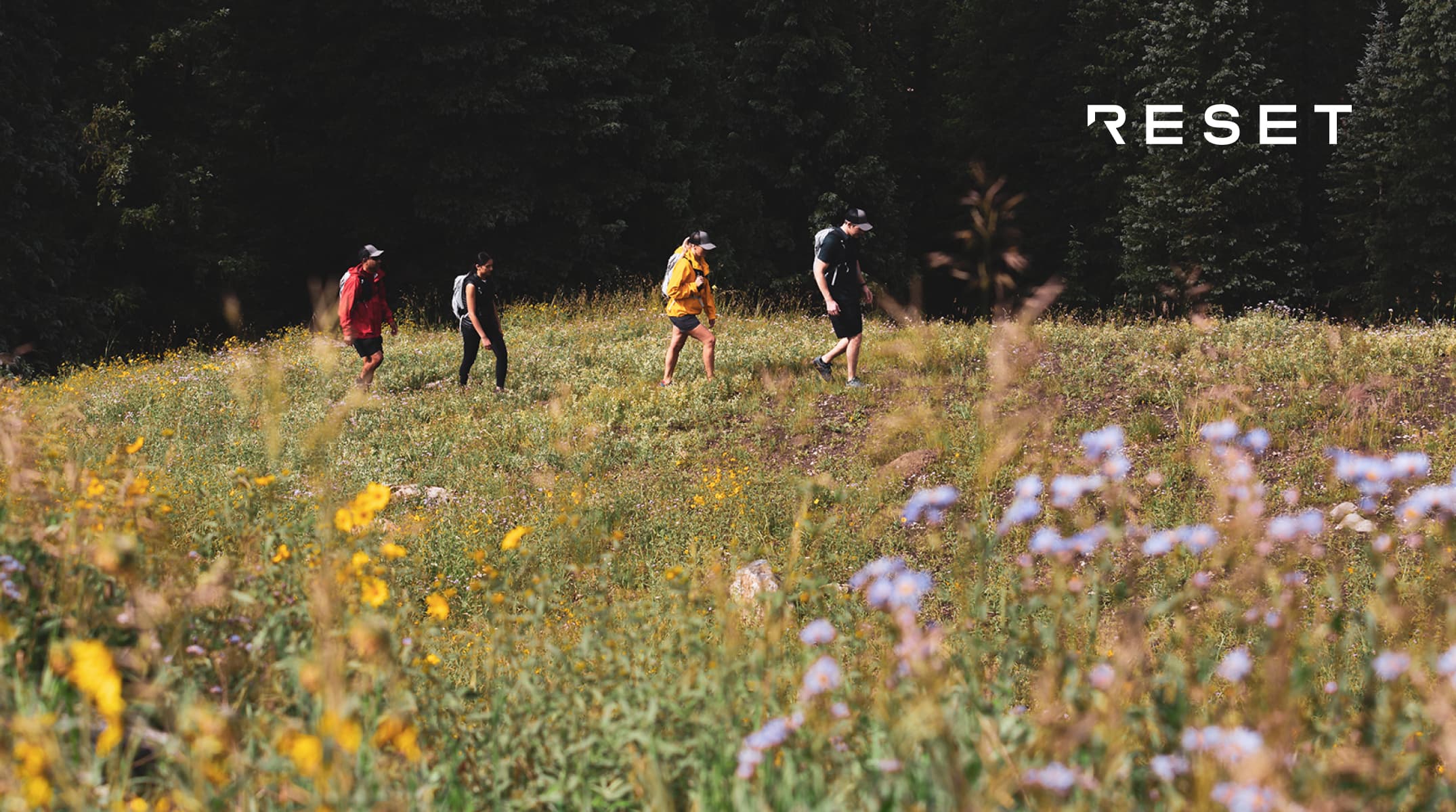 RESET logo over a group of people hiking through a meadow in the mountains