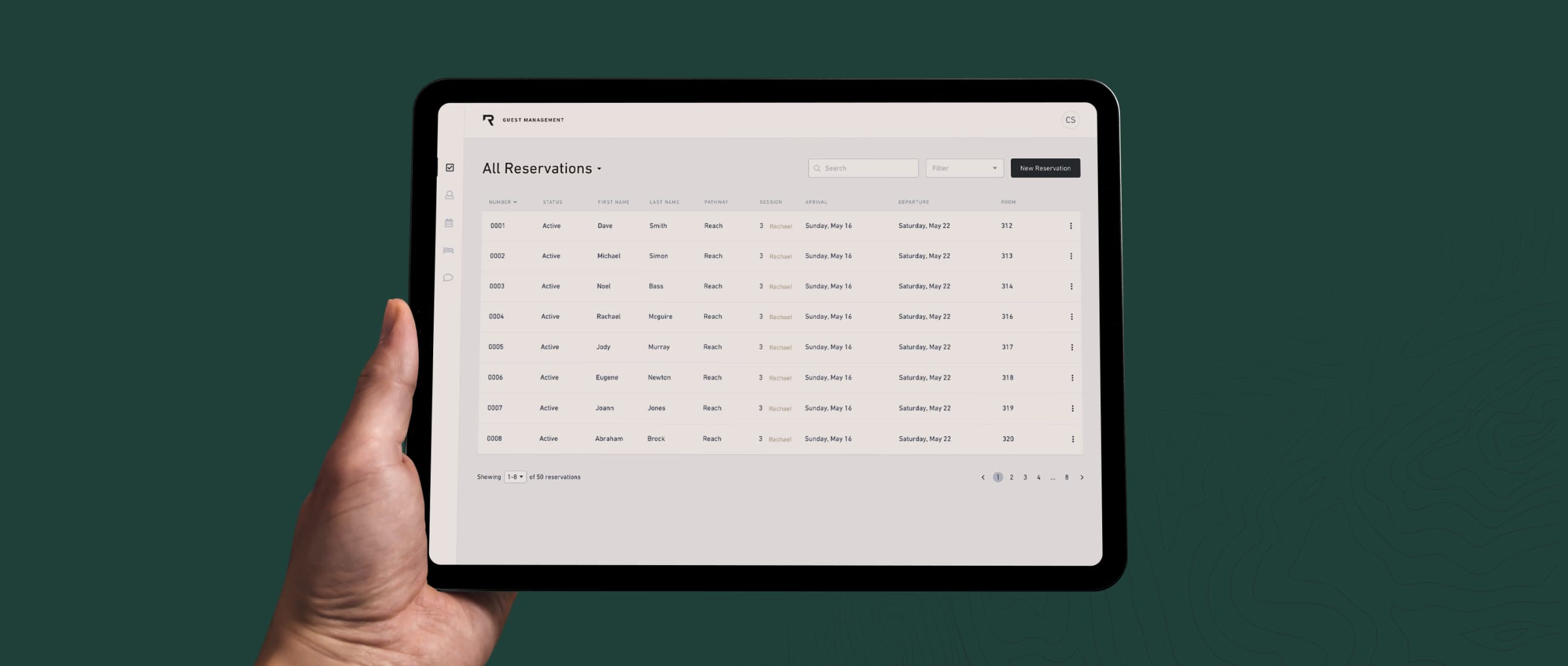 RESET property management system design and development showing the reservations dashboard on a tablet device