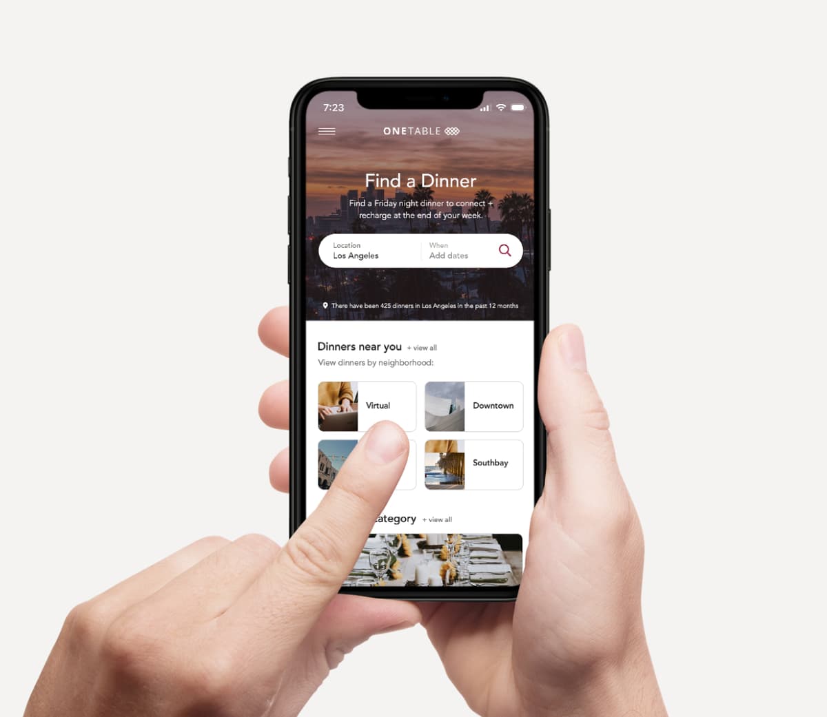 OneTable mobile design showing a user searching for events on a mobile device