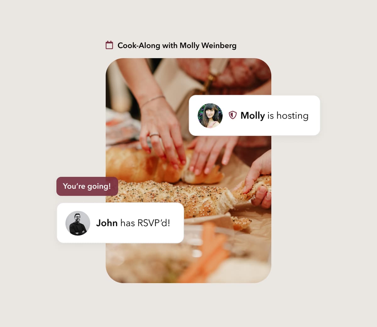 OneTable UI/UX design showing notifications for an upcoming Cook-Along event