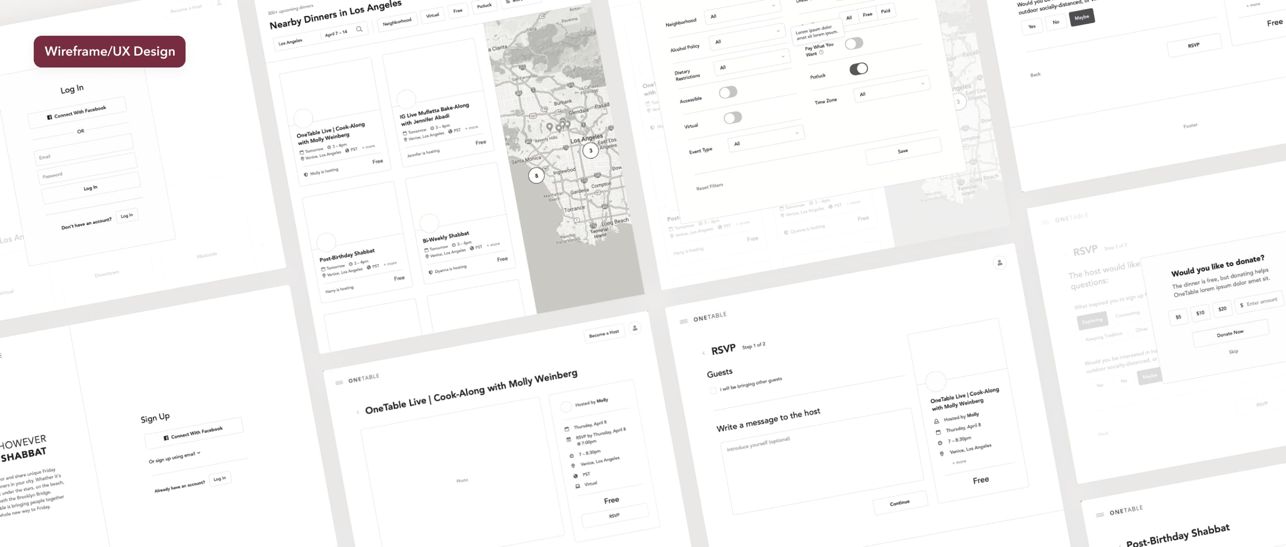 OneTable wireframe/UX design showing various platform screens